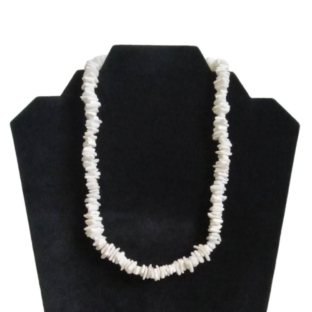 White Faux Puka Shell Stacked Shards & Wooden Beads Choker Style Unisex Necklace